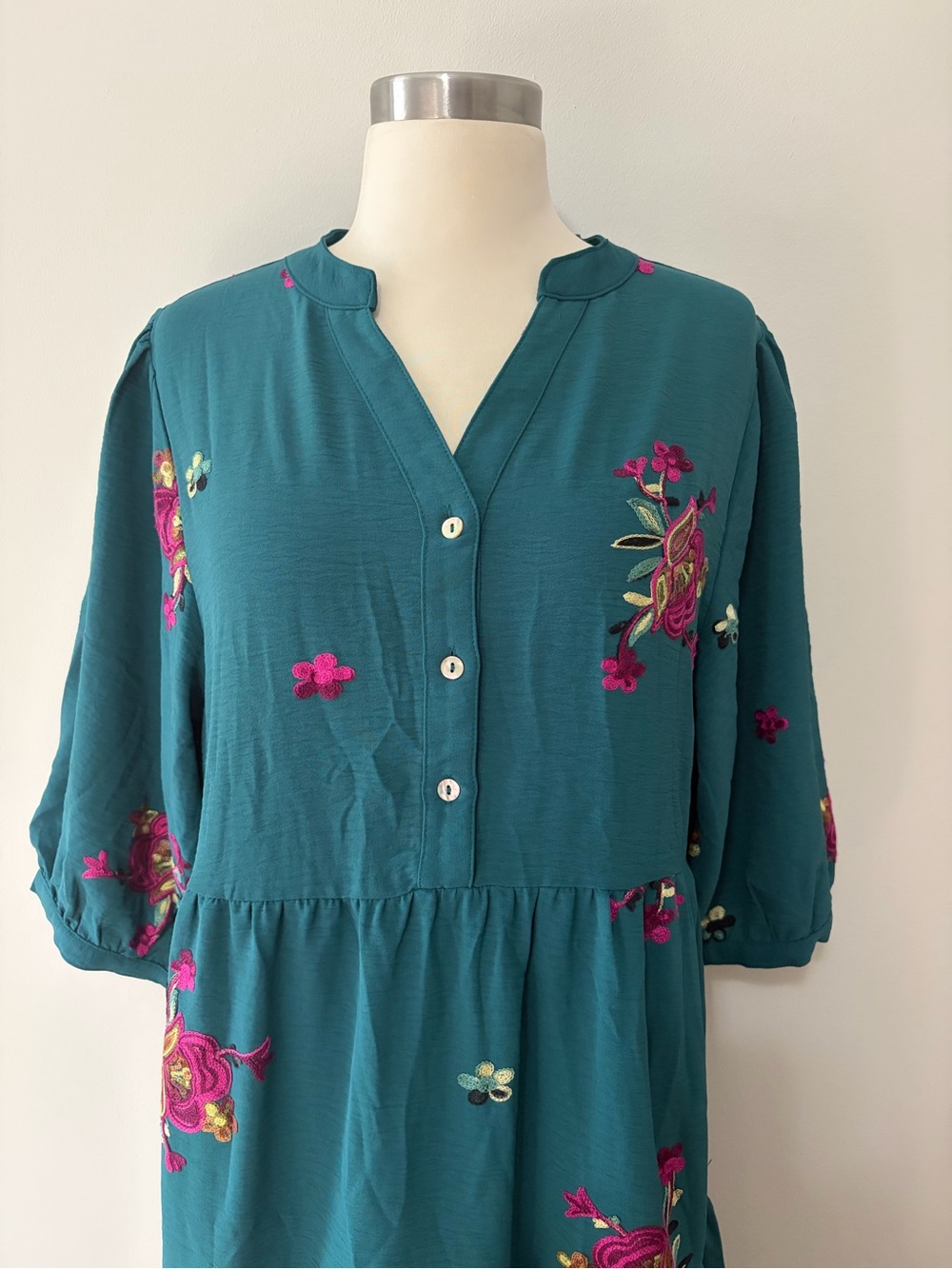 Fig & Flower Teal Floral Embroidered Tiered Midi Dress M- Boho Cottagecore - Picture 3 of 10